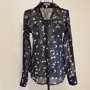 Express Sheer Portofino Blouse with Black & White Bird Pattern XS